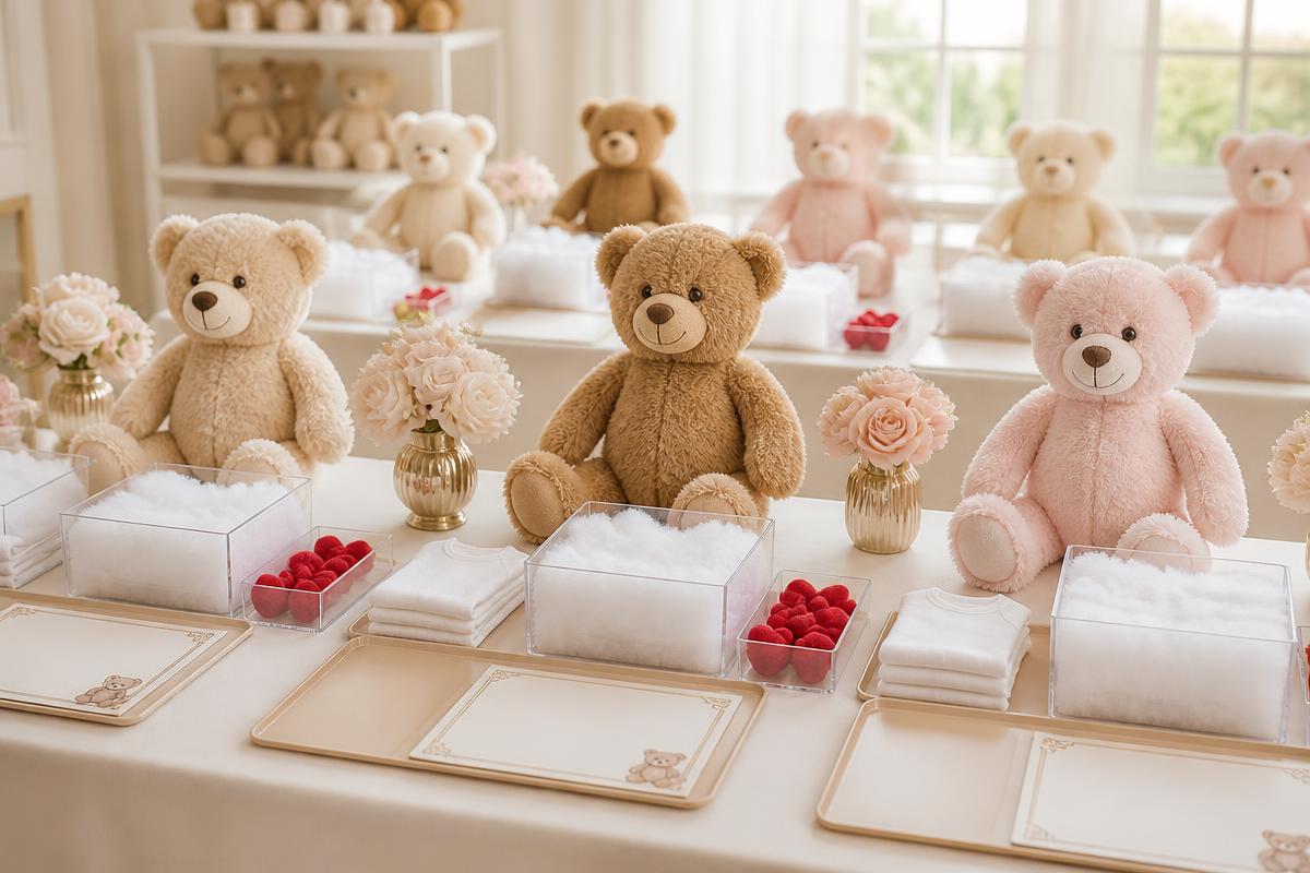 Polished group plush-making setup with 16-inch plush friends, organized activity stations, certificates, shirts, and soft Plush & Pearl styling
