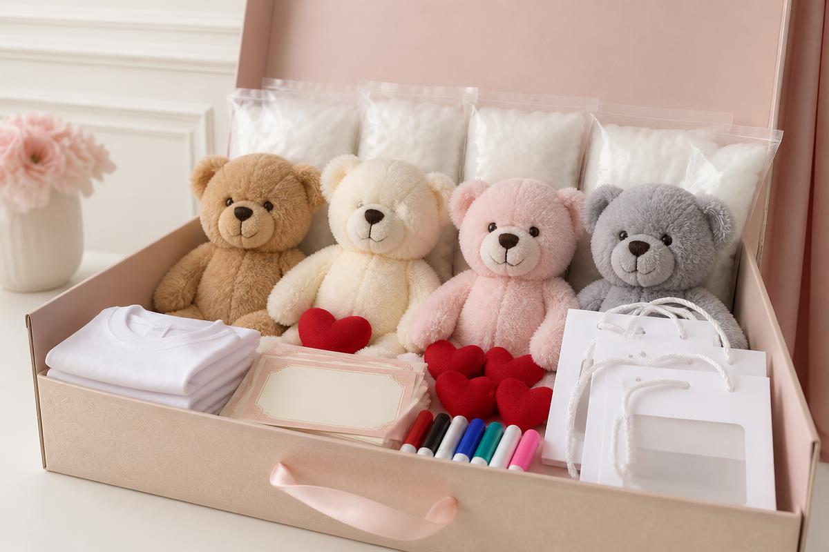 Open boutique Plush Party Kit box with four 16-inch plush bears, stuffing, love hearts, mini shirts, adoption certificates, fabric pens, and prepared packaging