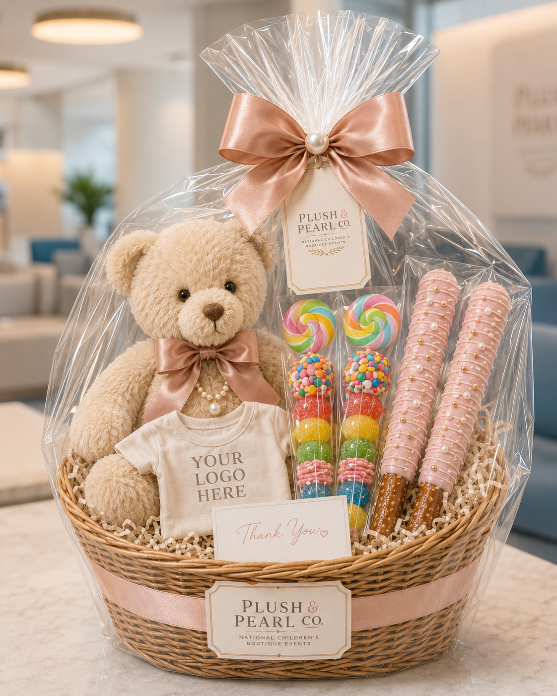 Corporate appreciation basket with 16-inch plush friend, mini logo tee, handwritten note, candy kabobs, and gourmet pretzels
