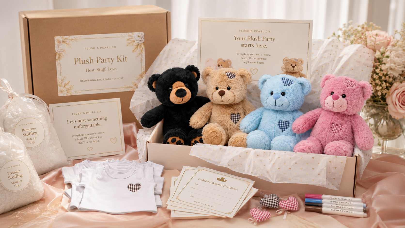 Boutique Plush Party Kit with 16-inch plush friends, mini event shirts, love heart keepsakes, adoption certificates, and stuffing