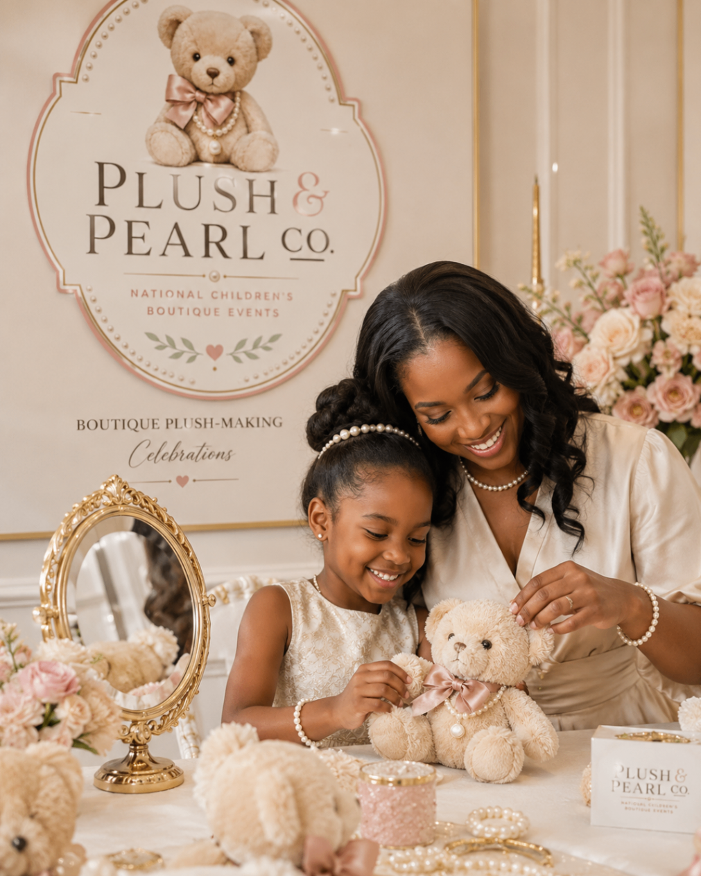 Mother and daughter styling a boutique 16-inch Plush & Pearl teddy at a keepsake plush-making experience