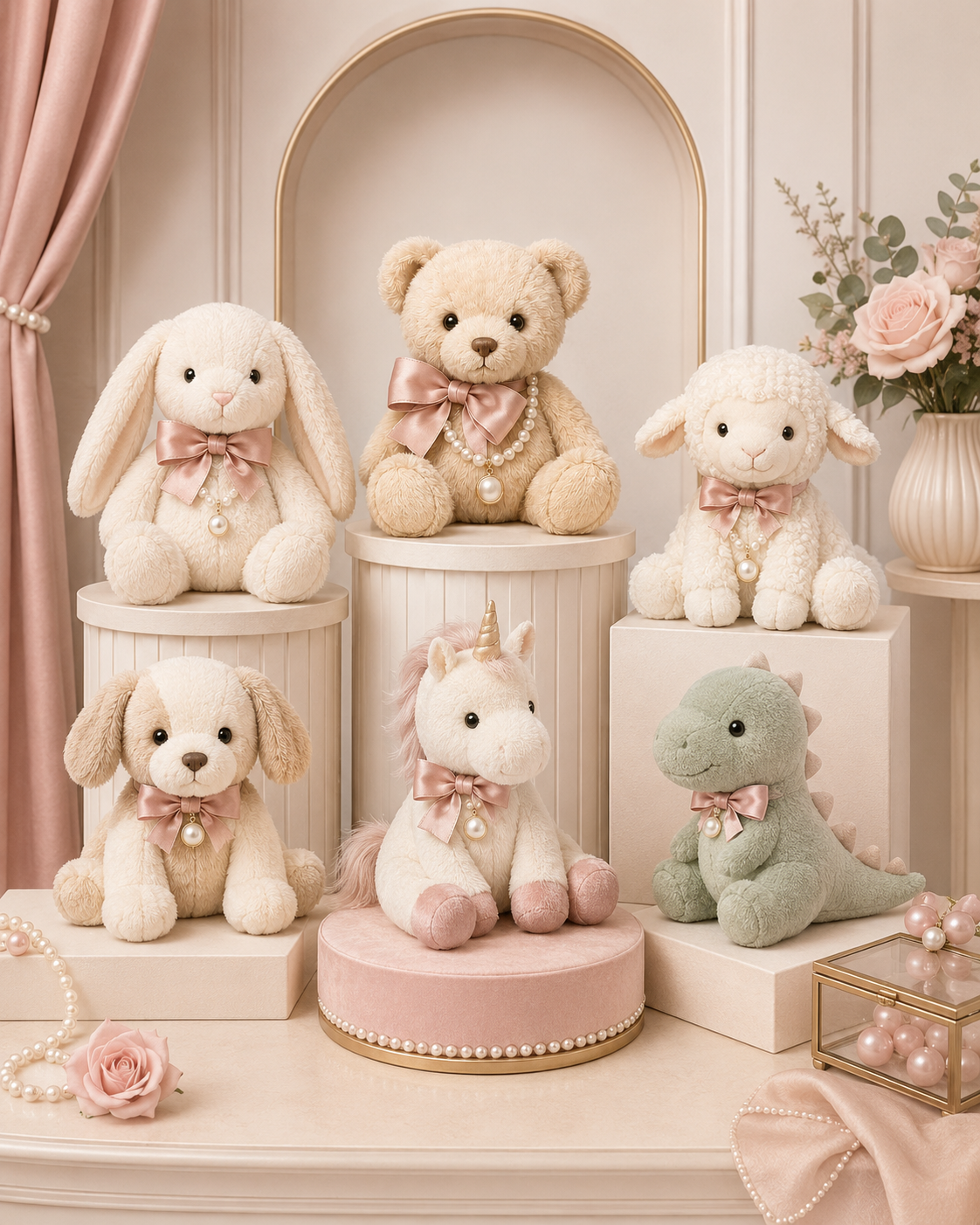 Colorful specialty 16-inch bear plush friends with pearl and bow details