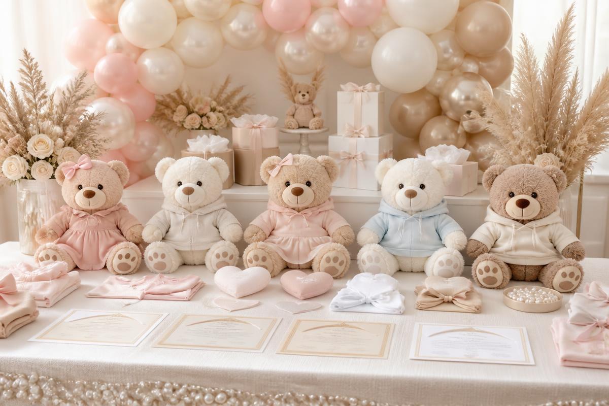 Warm indoor Plush & Pearl party setup with 16-inch plush bears, blush accents, and keepsake certificates on a styled table