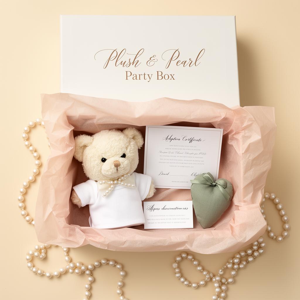 Plush & Pearl Party Box concept — pearl-white box with blush tissue, plush teddy in custom mini shirt, adoption certificate, sage love heart, and instruction card