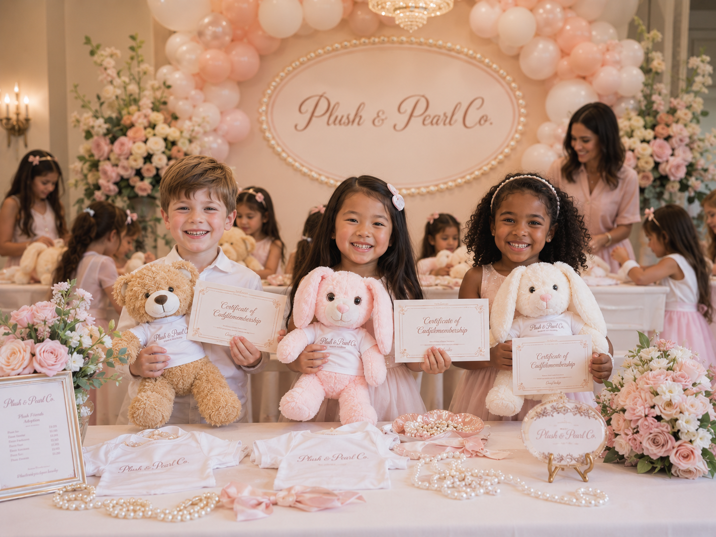 Children holding plush friends and personalized adoption certificates at a Plush & Pearl Co. boutique party in Arizona