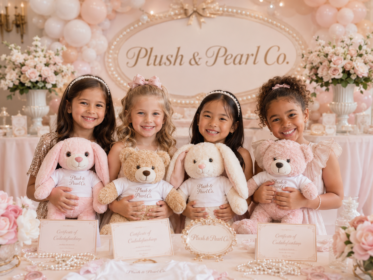 Boutique plush party display with pearl accents — curated plush lineup of bunny, teddy, lamb, puppy, unicorn, and dino for a kids party in Arizona