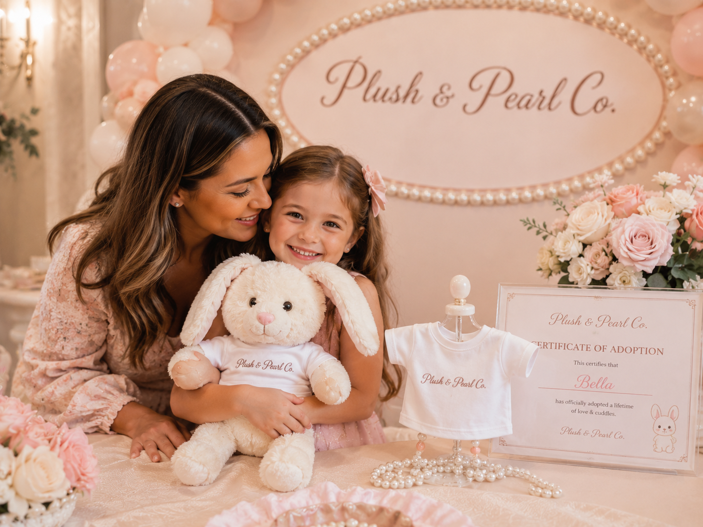 Custom plush shirts for kids party — adoption certificate for plush-making party, pearl hang tag, and pearl-draped teddy bear keepsake
