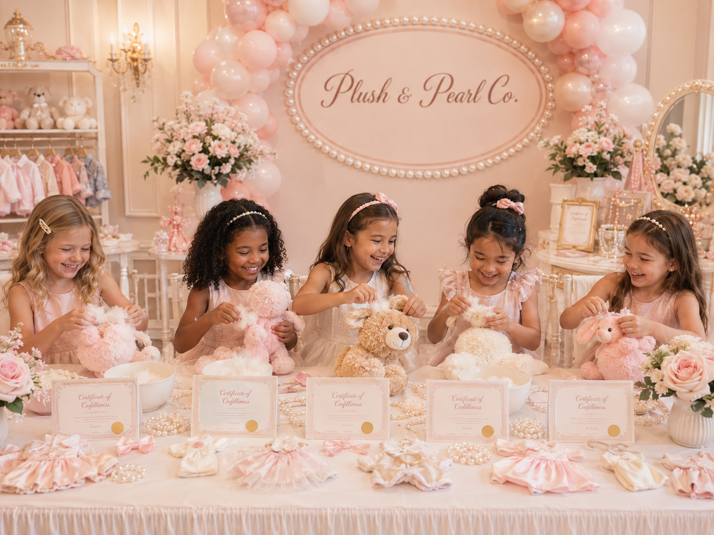 Children's stuffed animal party experience in Arizona — styled plush stuffing station with pearl garland and balloon arch